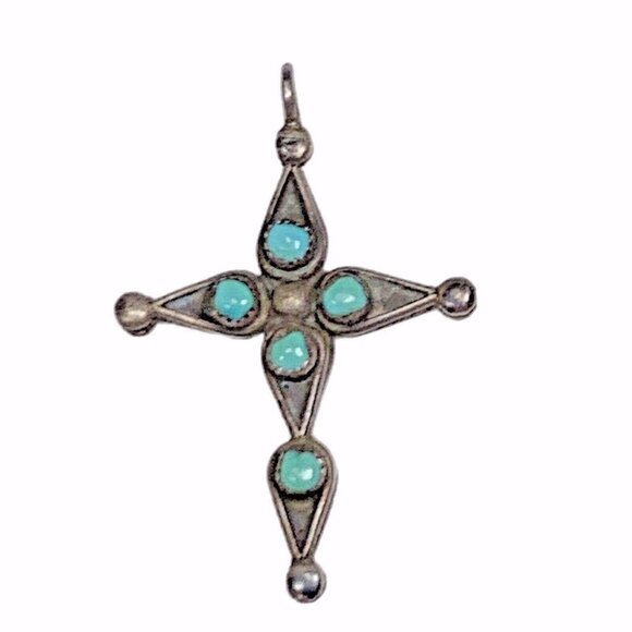 Jewelry - Sterling Silver 925 Turquoise Coral Reversible Native American Cross Pendant